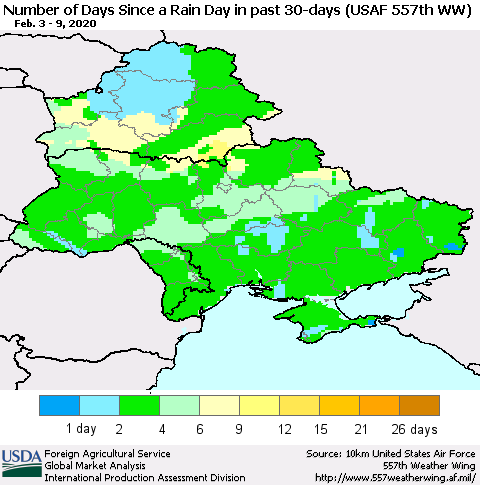 Ukraine, Moldova and Belarus Number of Days Since a Rain Day in past 30 days (USAF 557th WW) Thematic Map For 2/3/2020 - 2/9/2020