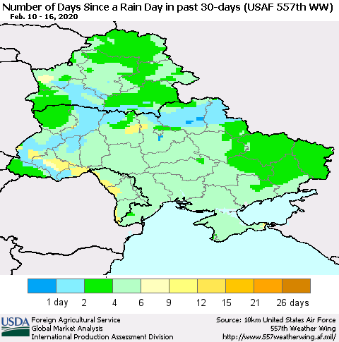 Ukraine, Moldova and Belarus Number of Days Since a Rain Day in past 30 days (USAF 557th WW) Thematic Map For 2/10/2020 - 2/16/2020