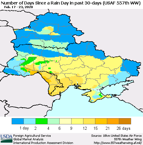 Ukraine, Moldova and Belarus Number of Days Since a Rain Day in past 30 days (USAF 557th WW) Thematic Map For 2/17/2020 - 2/23/2020
