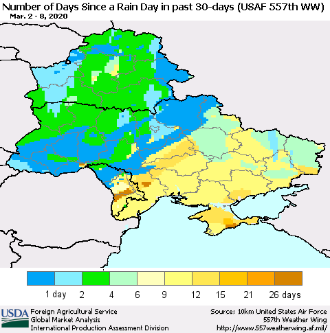 Ukraine, Moldova and Belarus Number of Days Since a Rain Day in past 30 days (USAF 557th WW) Thematic Map For 3/2/2020 - 3/8/2020