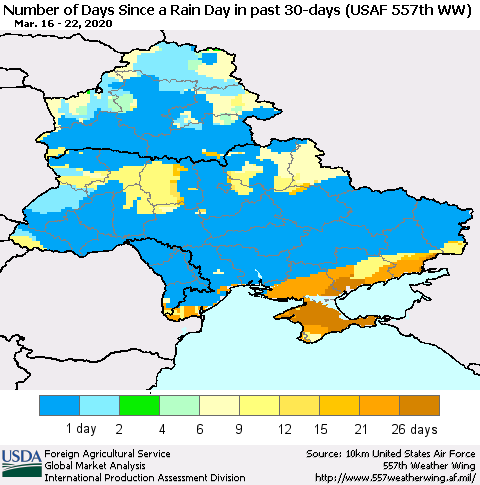 Ukraine, Moldova and Belarus Number of Days Since a Rain Day in past 30 days (USAF 557th WW) Thematic Map For 3/16/2020 - 3/22/2020
