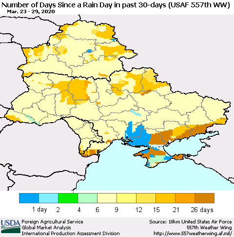 Ukraine, Moldova and Belarus Number of Days Since a Rain Day in past 30 days (USAF 557th WW) Thematic Map For 3/23/2020 - 3/29/2020