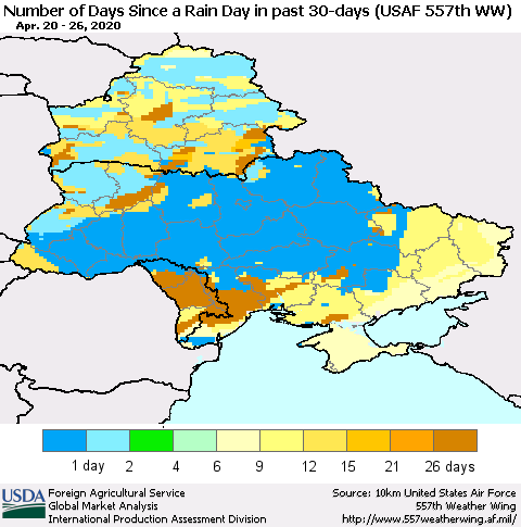 Ukraine, Moldova and Belarus Number of Days Since a Rain Day in past 30 days (USAF 557th WW) Thematic Map For 4/20/2020 - 4/26/2020