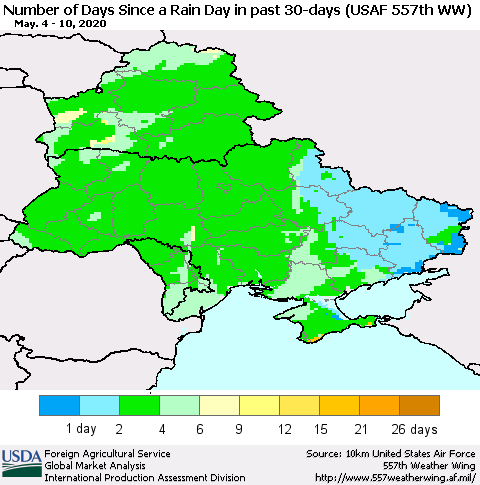 Ukraine, Moldova and Belarus Number of Days Since a Rain Day in past 30 days (USAF 557th WW) Thematic Map For 5/4/2020 - 5/10/2020
