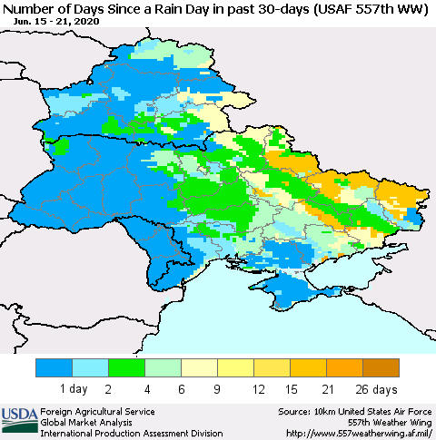 Ukraine, Moldova and Belarus Number of Days Since a Rain Day in past 30 days (USAF 557th WW) Thematic Map For 6/15/2020 - 6/21/2020