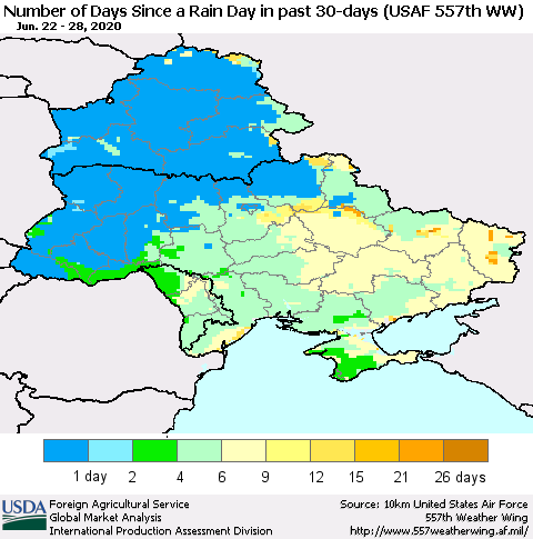 Ukraine, Moldova and Belarus Number of Days Since a Rain Day in past 30 days (USAF 557th WW) Thematic Map For 6/22/2020 - 6/28/2020