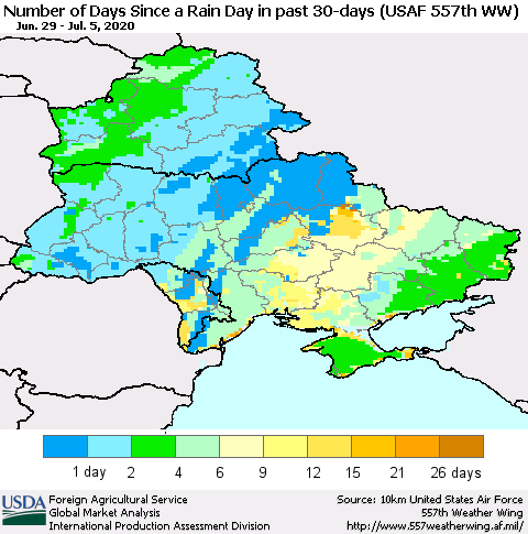 Ukraine, Moldova and Belarus Number of Days Since a Rain Day in past 30 days (USAF 557th WW) Thematic Map For 6/29/2020 - 7/5/2020
