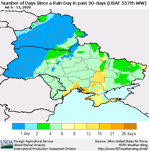 Ukraine, Moldova and Belarus Number of Days Since a Rain Day in past 30 days (USAF 557th WW) Thematic Map For 7/6/2020 - 7/12/2020
