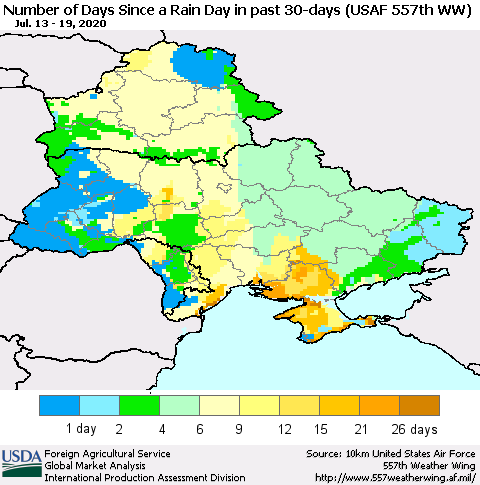 Ukraine, Moldova and Belarus Number of Days Since a Rain Day in past 30 days (USAF 557th WW) Thematic Map For 7/13/2020 - 7/19/2020