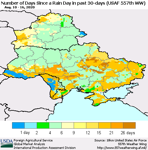 Ukraine, Moldova and Belarus Number of Days Since a Rain Day in past 30 days (USAF 557th WW) Thematic Map For 8/10/2020 - 8/16/2020
