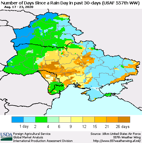 Ukraine, Moldova and Belarus Number of Days Since a Rain Day in past 30 days (USAF 557th WW) Thematic Map For 8/17/2020 - 8/23/2020