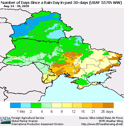 Ukraine, Moldova and Belarus Number of Days Since a Rain Day in past 30 days (USAF 557th WW) Thematic Map For 8/24/2020 - 8/30/2020
