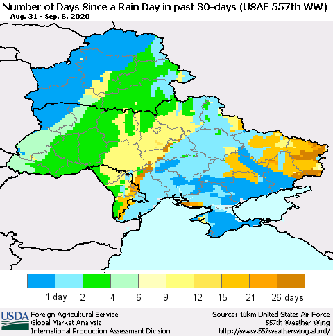 Ukraine, Moldova and Belarus Number of Days Since a Rain Day in past 30 days (USAF 557th WW) Thematic Map For 8/31/2020 - 9/6/2020