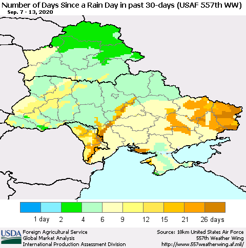 Ukraine, Moldova and Belarus Number of Days Since a Rain Day in past 30 days (USAF 557th WW) Thematic Map For 9/7/2020 - 9/13/2020