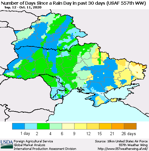 Ukraine, Moldova and Belarus Number of Days Since a Rain Day in past 30 days (USAF 557th WW) Thematic Map For 10/5/2020 - 10/11/2020
