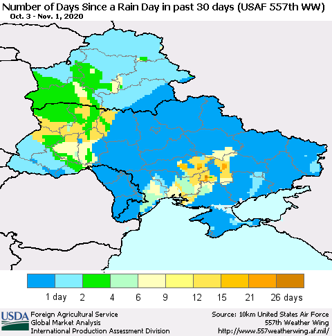 Ukraine, Moldova and Belarus Number of Days Since a Rain Day in past 30 days (USAF 557th WW) Thematic Map For 10/26/2020 - 11/1/2020