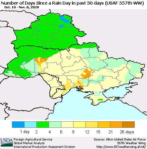 Ukraine, Moldova and Belarus Number of Days Since a Rain Day in past 30 days (USAF 557th WW) Thematic Map For 11/2/2020 - 11/8/2020