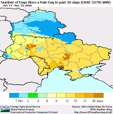 Ukraine, Moldova and Belarus Number of Days Since a Rain Day in past 30 days (USAF 557th WW) Thematic Map For 11/9/2020 - 11/15/2020