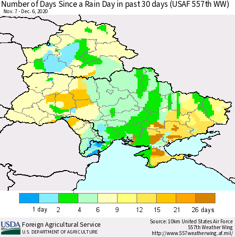 Ukraine, Moldova and Belarus Number of Days Since a Rain Day in past 30 days (USAF 557th WW) Thematic Map For 11/30/2020 - 12/6/2020
