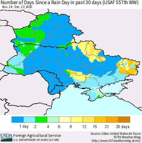 Ukraine, Moldova and Belarus Number of Days Since a Rain Day in past 30 days (USAF 557th WW) Thematic Map For 12/7/2020 - 12/13/2020
