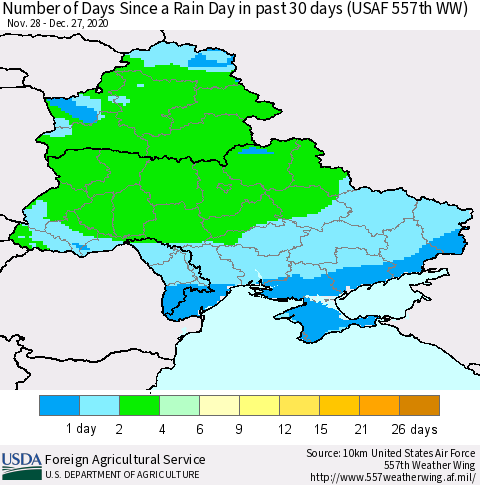 Ukraine, Moldova and Belarus Number of Days Since a Rain Day in past 30 days (USAF 557th WW) Thematic Map For 12/21/2020 - 12/27/2020