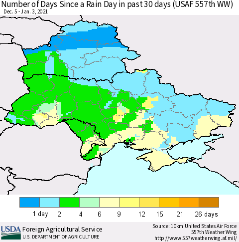 Ukraine, Moldova and Belarus Number of Days Since a Rain Day in past 30 days (USAF 557th WW) Thematic Map For 12/28/2020 - 1/3/2021