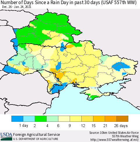 Ukraine, Moldova and Belarus Number of Days Since a Rain Day in past 30 days (USAF 557th WW) Thematic Map For 1/18/2021 - 1/24/2021