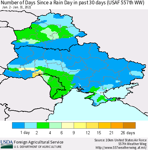 Ukraine, Moldova and Belarus Number of Days Since a Rain Day in past 30 days (USAF 557th WW) Thematic Map For 1/25/2021 - 1/31/2021