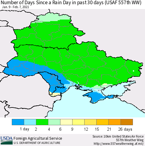 Ukraine, Moldova and Belarus Number of Days Since a Rain Day in past 30 days (USAF 557th WW) Thematic Map For 2/1/2021 - 2/7/2021