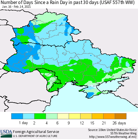 Ukraine, Moldova and Belarus Number of Days Since a Rain Day in past 30 days (USAF 557th WW) Thematic Map For 2/8/2021 - 2/14/2021