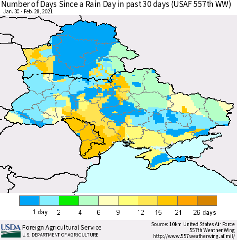 Ukraine, Moldova and Belarus Number of Days Since a Rain Day in past 30 days (USAF 557th WW) Thematic Map For 2/22/2021 - 2/28/2021