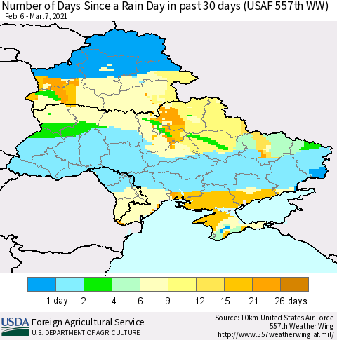 Ukraine, Moldova and Belarus Number of Days Since a Rain Day in past 30 days (USAF 557th WW) Thematic Map For 3/1/2021 - 3/7/2021