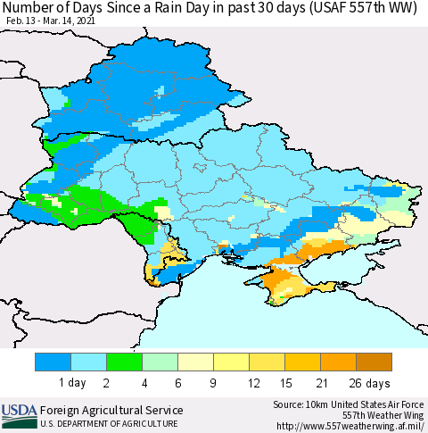 Ukraine, Moldova and Belarus Number of Days Since a Rain Day in past 30 days (USAF 557th WW) Thematic Map For 3/8/2021 - 3/14/2021