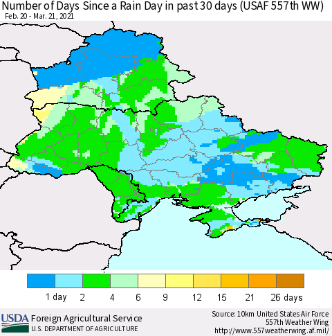 Ukraine, Moldova and Belarus Number of Days Since a Rain Day in past 30 days (USAF 557th WW) Thematic Map For 3/15/2021 - 3/21/2021