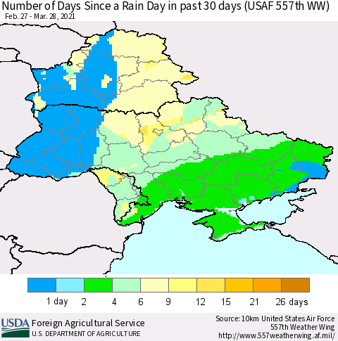 Ukraine, Moldova and Belarus Number of Days Since a Rain Day in past 30 days (USAF 557th WW) Thematic Map For 3/22/2021 - 3/28/2021