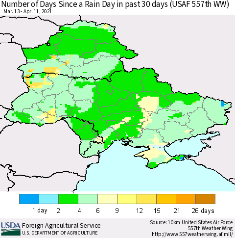 Ukraine, Moldova and Belarus Number of Days Since a Rain Day in past 30 days (USAF 557th WW) Thematic Map For 4/5/2021 - 4/11/2021