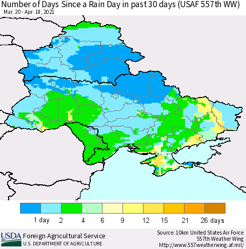 Ukraine, Moldova and Belarus Number of Days Since a Rain Day in past 30 days (USAF 557th WW) Thematic Map For 4/12/2021 - 4/18/2021