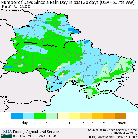 Ukraine, Moldova and Belarus Number of Days Since a Rain Day in past 30 days (USAF 557th WW) Thematic Map For 4/19/2021 - 4/25/2021