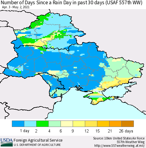 Ukraine, Moldova and Belarus Number of Days Since a Rain Day in past 30 days (USAF 557th WW) Thematic Map For 4/26/2021 - 5/2/2021