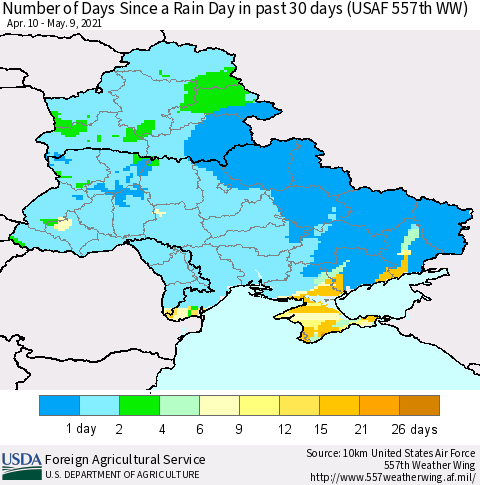 Ukraine, Moldova and Belarus Number of Days Since a Rain Day in past 30 days (USAF 557th WW) Thematic Map For 5/3/2021 - 5/9/2021