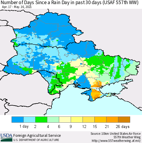 Ukraine, Moldova and Belarus Number of Days Since a Rain Day in past 30 days (USAF 557th WW) Thematic Map For 5/10/2021 - 5/16/2021