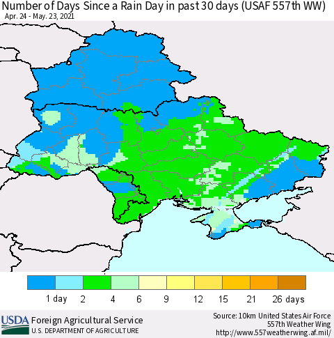 Ukraine, Moldova and Belarus Number of Days Since a Rain Day in past 30 days (USAF 557th WW) Thematic Map For 5/17/2021 - 5/23/2021
