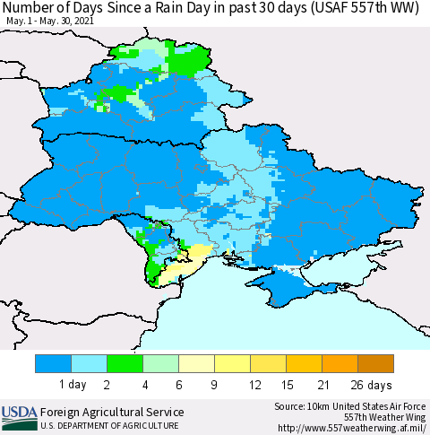 Ukraine, Moldova and Belarus Number of Days Since a Rain Day in past 30 days (USAF 557th WW) Thematic Map For 5/24/2021 - 5/30/2021