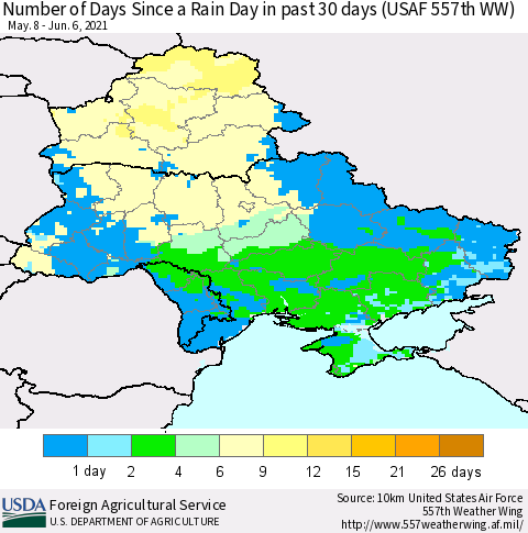 Ukraine, Moldova and Belarus Number of Days Since a Rain Day in past 30 days (USAF 557th WW) Thematic Map For 5/31/2021 - 6/6/2021