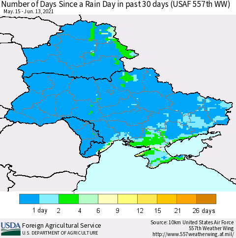 Ukraine, Moldova and Belarus Number of Days Since a Rain Day in past 30 days (USAF 557th WW) Thematic Map For 6/7/2021 - 6/13/2021