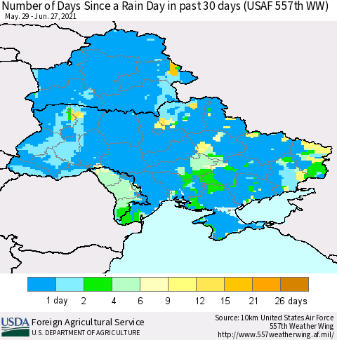 Ukraine, Moldova and Belarus Number of Days Since a Rain Day in past 30 days (USAF 557th WW) Thematic Map For 6/21/2021 - 6/27/2021