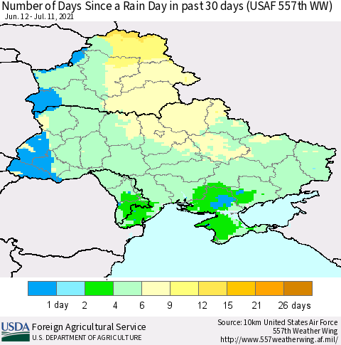 Ukraine, Moldova and Belarus Number of Days Since a Rain Day in past 30 days (USAF 557th WW) Thematic Map For 7/5/2021 - 7/11/2021