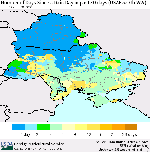 Ukraine, Moldova and Belarus Number of Days Since a Rain Day in past 30 days (USAF 557th WW) Thematic Map For 7/12/2021 - 7/18/2021