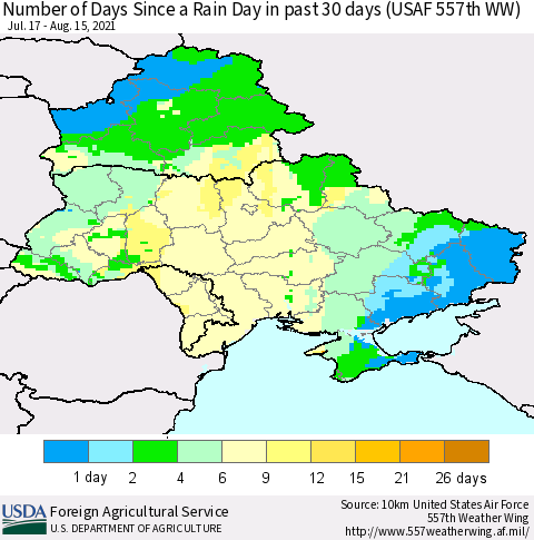 Ukraine, Moldova and Belarus Number of Days Since a Rain Day in past 30 days (USAF 557th WW) Thematic Map For 8/9/2021 - 8/15/2021