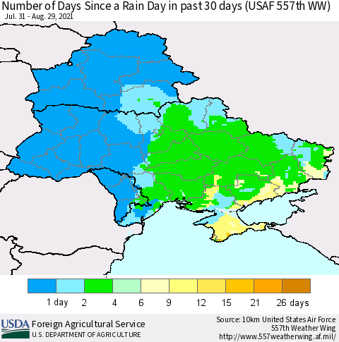 Ukraine, Moldova and Belarus Number of Days Since a Rain Day in past 30 days (USAF 557th WW) Thematic Map For 8/23/2021 - 8/29/2021